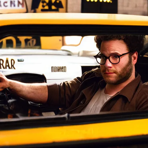 Image similar to Seth Rogen in taxi driver movie, 8k resolution, full HD, cinematic lighting, award winning, anatomically correct