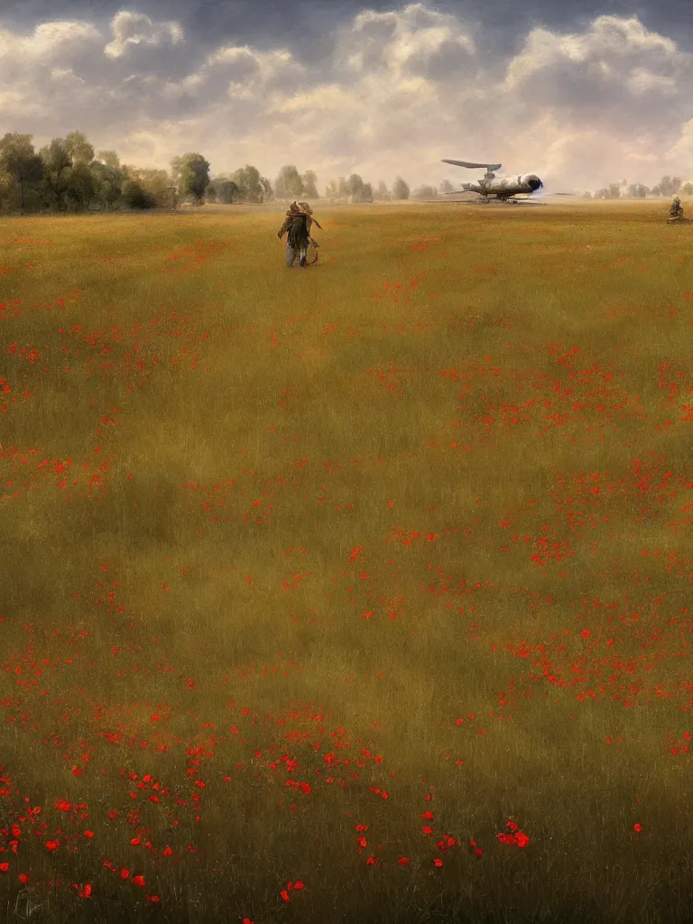 Prompt: immense wheat fields, a path, a small village, poppies, summer sky,, large dieselpunk flying airships, matte painting, by rozalski, artstation