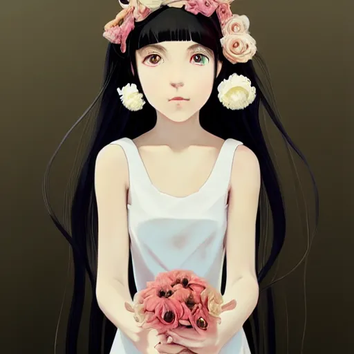 Image similar to little girl with her long black hair dressed in a simple white dress putting flowers on hair, anime art style, digital artwork made by ilya kuvshinov, inspired in balthus, hd, 4 k, hyper detailed