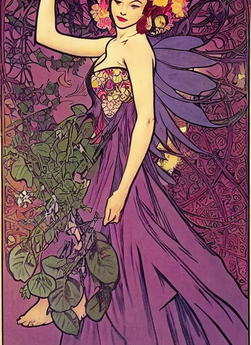 Image similar to a beautiful young woman. she is a flower fairy. well composed, clean elegant painting, beautiful detailed face. retro comic book art by steve ditko and jack kirby and ( alphonse mucha )