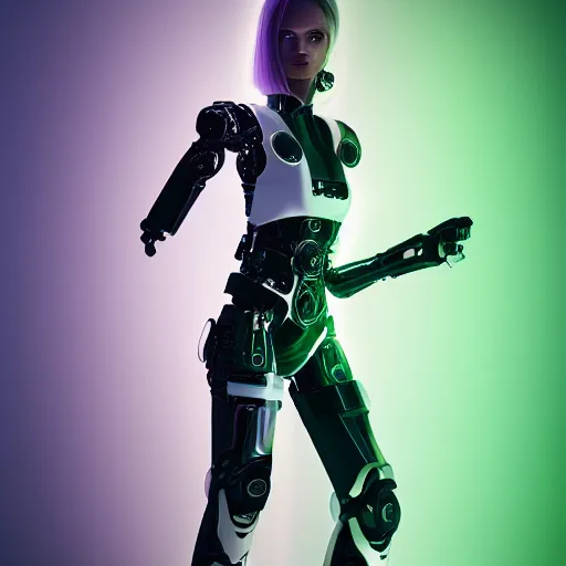 Image similar to a portrait of a female cyborg, fashion, streak lights, ligjt trail, color gel, photogtaphy, canon r 5, wide angle, white background, 3 d render, unreal engine, white suit, cyberpunk, futuristic