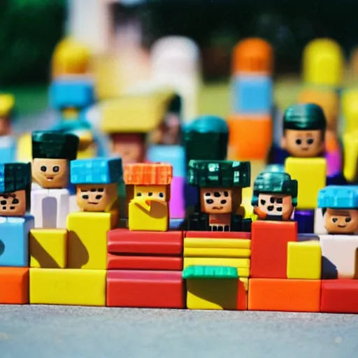 Image similar to 35 mm photo of block figures looking like roblox figures playing with a computer in a block world, having fun in the sun, bright and fun colors