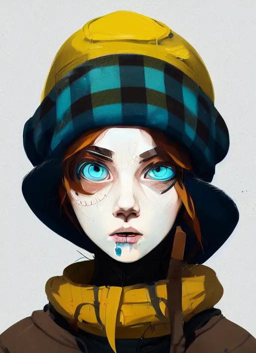 Image similar to highly detailed portrait of a sewer punk lady student, blue eyes, tartan hoody, hat, white hair by atey ghailan, by greg tocchini, by james gilleard, gradient yellow, black, brown and cyan color scheme, grunge aesthetic!!! ( ( graffiti tag wall ) )