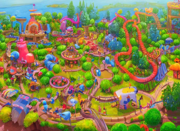Image similar to level design for candy kids game, zoo park, top angle, oil painting by jama jurabaev, extremely detailed, brush hard, artstation, for aaa game, high quality, brush stroke