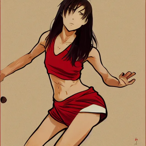 Image similar to anime style, female beach volley player, red sport clothing, on the bach, standing pose, brown short hair, hair down, symmetrical facial features, from arknights, hyper realistic, rule of thirds, extreme detail, 4 k drawing, safebooru, realistic lighting, by alphonse mucha, greg rutkowski, sharp focus, backlit