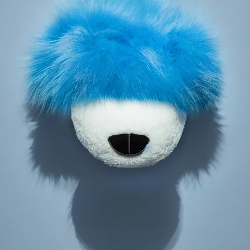 Image similar to nike fluffy monster made of very fluffy blue faux fur placed on reflective surface, nike logo, professional advertising, overhead lighting, heavy detail, realistic by nate vanhook, mark miner