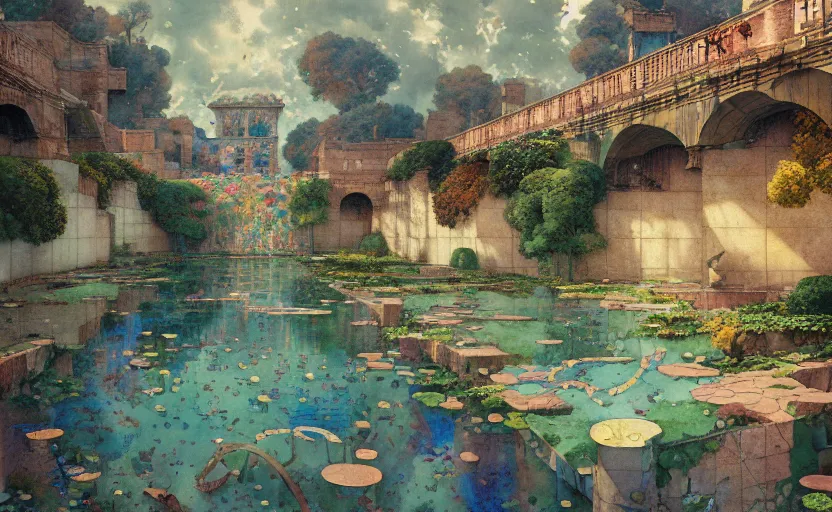 Image similar to tiled room squared waterway, aqueducts, fantasy. intricate, amazing composition, colorful watercolor, by ruan jia, by maxfield parrish, by marc simonetti, by hikari shimoda, by robert hubert, by zhang kechun, illustration, gloomy