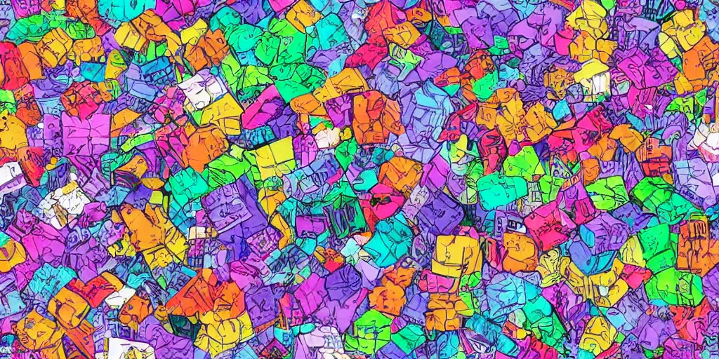 Image similar to escher style seamless pattern of very large colorful cubes with glitch