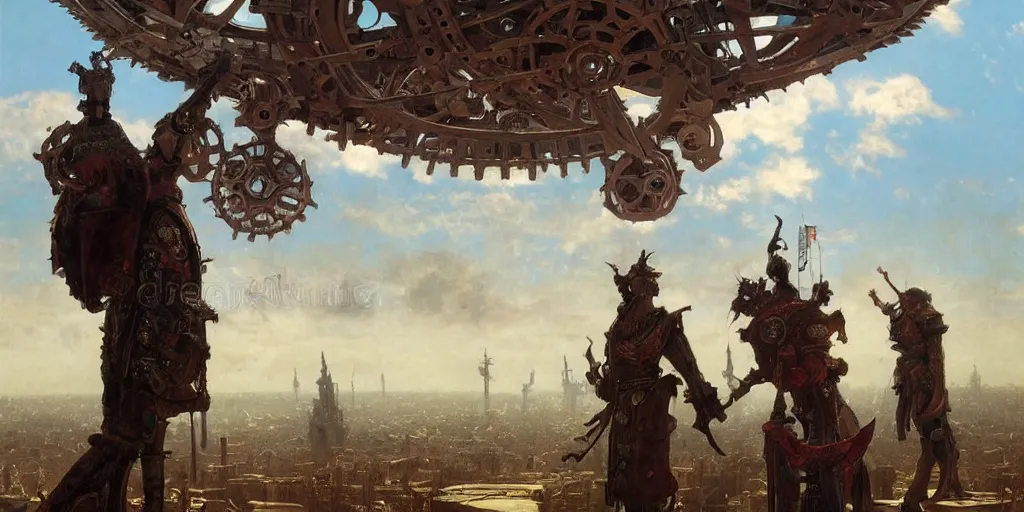 Image similar to giant cog floating in the sky medieval city standing on a giant cog gear mechanism buildings vista artstation illustration sharp focus sunlit vista painted by ruan jia raymond swanland lawrence alma tadema zdzislaw beksinski norman rockwell tom lovell alex malveda greg staples