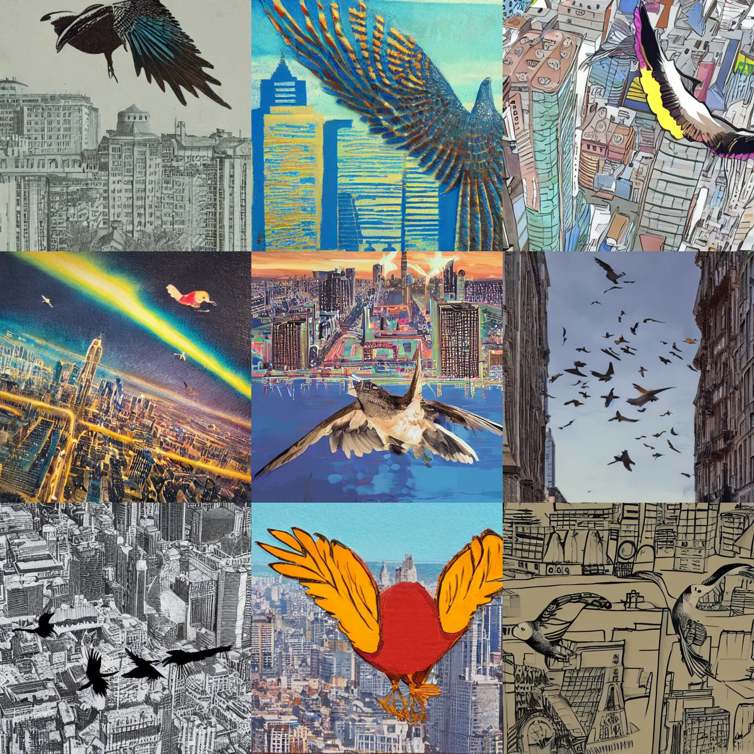 Prompt: artistic representation of a bird flying through a city
