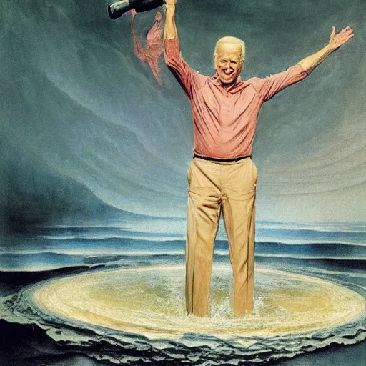 Image similar to terrifying, surreal portrait of joe biden standing up to his shoulders in turbulent, shadowy water by j. c. leyendecker, bosch, william blake, stephen gammell, jon mcnaughton, and beksinski