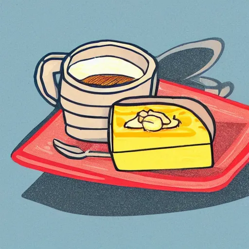 Prompt: a hand drawn disney illustration of a box of mac and cheese holding a cup of coffee