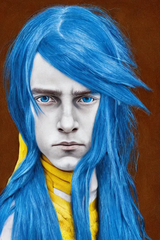 Image similar to a boy with long blue hair and yellow eyes, hyperrealistic, symmetrical, face portait, high coherence