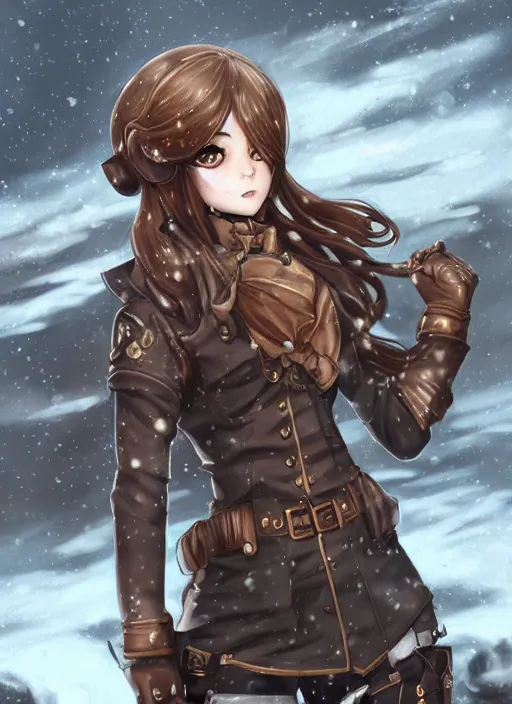 Image similar to girl with steampunk weapons and uniform, mad, intense, finely detailed, made by artgerm, ross tran, full body portrait, illustration, snow, snowing, cloudy, anime, side view, perfect anime face, realistic face, zoomed out, smooth, brown eyes, high waisted shorts