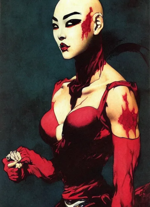 Image similar to portrait of bald korean vampiress, strong line, saturated color, beautiful! coherent! by frank frazetta, high contrast