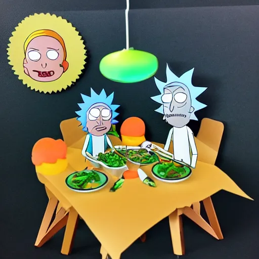 Image similar to Rick and Morty having dinner, layered paper style