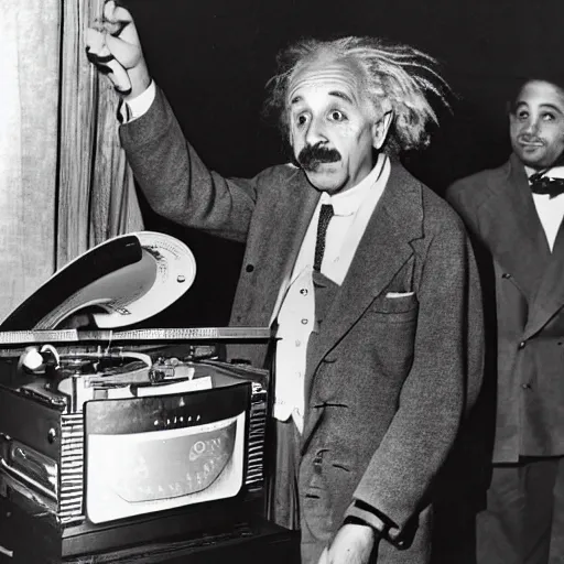 Image similar to photo of Albert Einstein DJing a record player at a nightclub, vintage, highly detailed facial features, at a nightclub