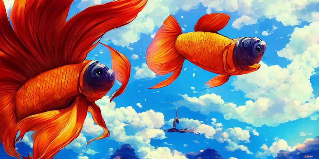 Image similar to giant goldfish swimming through the big puffy clouds, large polygonal background elements, large polygons, dramatic anime, dramatic lighting, artgerm, manga, trending on artstation, art nouveau, mature colors