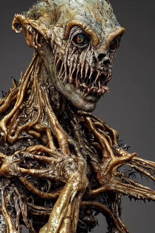 Image similar to photo taken of an epic intricate, ultra detailed, super realistic gritty, wet, slimy, lifelike sculpture of a nightmarish hellish alien ghoulish creature created by weta workshop, zoomed in shots, photorealistic, sharp focus, white wall coloured workshop, cold blueish colour temperture, f 0. 4, face centred, golden ratio, golden hour