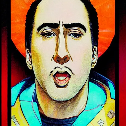 Image similar to beautiful amazing anime portrait painting of nicholas cage in tokyo. neon lights. by hayao miyazaki, katsuhiro otomo, akira toriyama, satoshi kon, eiichiro oda, hideaki anno