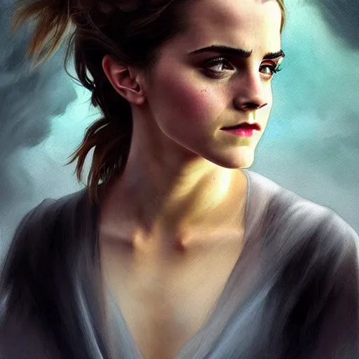 Image similar to Very funny Emma Watson looking like an old monkey, colorful painting on grey scale face, powerful , magic, thunders, dramatic lighting, intricate, wild, highly detailed, digital painting, artstation, concept art, smooth, sharp focus, illustration, art by artgerm and greg rutkowski and alphonse mucha, footage