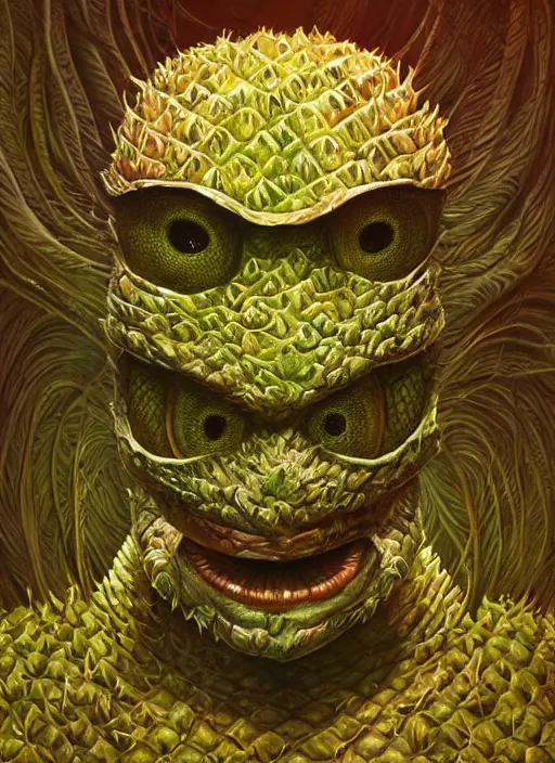 Image similar to pineapple mf doom reptile eyes, luminescent pineapple skin. intricate, elegant, highly detailed, centered, digital painting, artstation, concept art, smooth, sharp focus, illustration, artgerm, tomasz alen kopera, peter mohrbacher, donato giancola, joseph christian leyendecker, wlop, frank frazetta