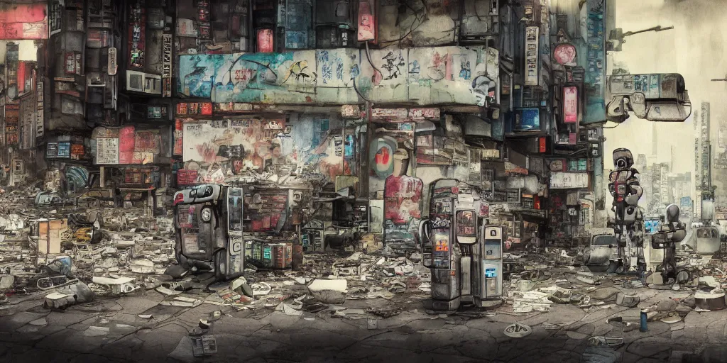 Image similar to broken robot lying deserted shinjuku junk town, watercolor, ghost in the shell, soft bloom lighting, paper texture, bright sun bleached ground, vending machine, robot lurks in the background, koji morimoto, katsuya terada, genius party, animatronic, black smoke, pale, beige sky pencil marks, hd, 4k, remaster, dynamic camera angle, fish eye, dynamic scene