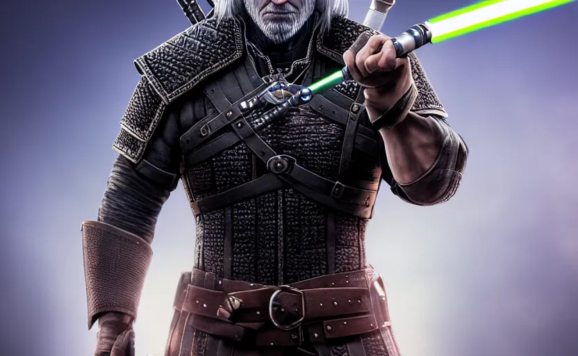 Prompt: Extremely detailed photo-realistic 3d matte portrait painting of geralt of rivia wielding a lightsaber, blurred background with bokeh, lights, atmospheric, 8k, reflections, realistic