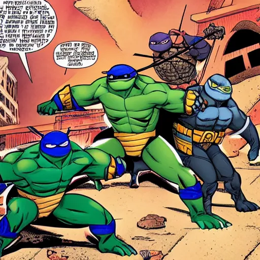 Image similar to ninja turtles fighting batman