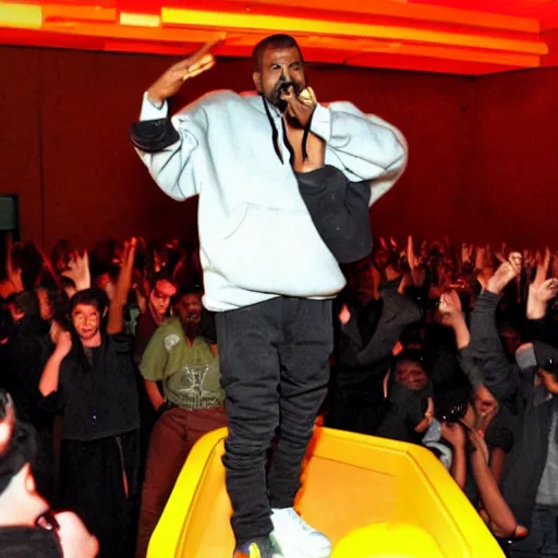 Prompt: kanye west performing a live concert inside of a mcdonalds playplace, 2 0 1 1