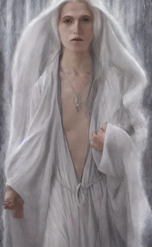 Prompt: who is this with silver hair so pale and wan! and thin!?, flowing robes, covered in robes, lone pale nordic goddess, wearing robes of silver, flowing, pale skin, young cute face, covered!!, clothed!! lucien levy - dhurmer, jean deville, oil on canvas, 4 k resolution, aesthetic!, mystery