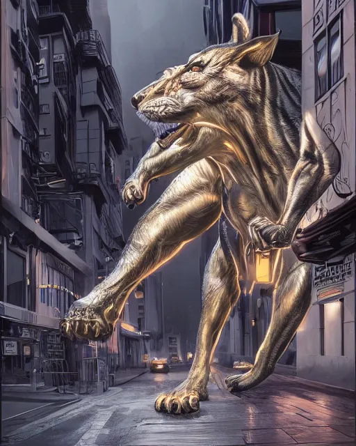 Prompt: wild beast in city streets, dramatic lighting, very detailed, electrical details, high details, 4k, 8k, trending on artstation, by Hajime Sorayama and Paolo Eleuteri Serpieri