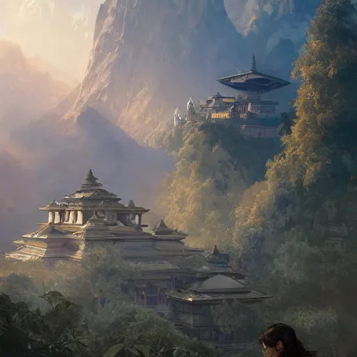 Prompt: painting nepal in year 2 0 7 7 with flying car and temple, ultra realistic, concept art, intricate details, eerie, highly detailed, photorealistic, octane render, 8 k, unreal engine. art by artgerm and greg rutkowski and alphonse mucha