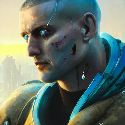 Image similar to cyberpunk, armitage, closeup portrait of a crazy ex soldier with a battlescar, light blue eyes, brown buzzcut, dramatic light, city background, sunset, dystopian setting, high contrast, sharp, neuromancer, painted by stanley lau, painted by greg rutkowski, painted by stanley artgerm, digital art, trending on artstation