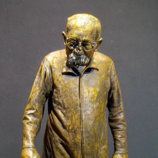 Image similar to patina bronze sculpture, old man with cane, in museum, soft light, kodak gold 2 0 0,