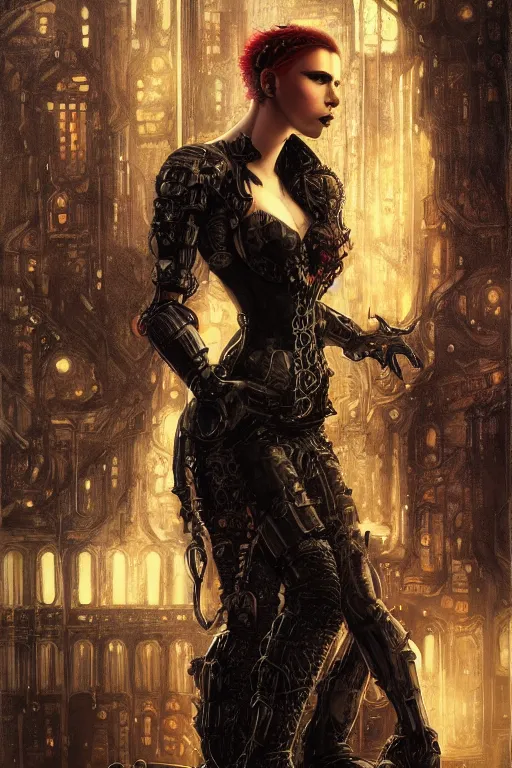 Prompt: beautiful gothic scarlett johansson, cyberpunk, Warhammer, highly detailed, artstation, illustration, art by Gustav Klimt