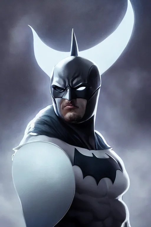 Image similar to characters portrait of MoonKnight mixed with Batman by ArtGerm and Tom Bagshaw, merged character, full-shot, 4k, highly detailed, cinematic lighting