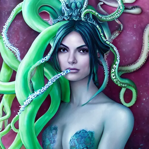 Prompt: a painted statue made of marble of Victoria Justice as the Goddess of tentacles looking at you intensely with seductively serious eyes while being embraced by slimy tentacles from the Squid King. ultra detailed painting at 16K resolution and epic visuals. epically surreally beautiful image. amazing effect, image looks crazily crisp as far as it's visual fidelity goes, absolutely outstanding. vivid clarity. ultra. iridescent. mind-breaking. mega-beautiful pencil shadowing. beautiful face. Ultra High Definition.
