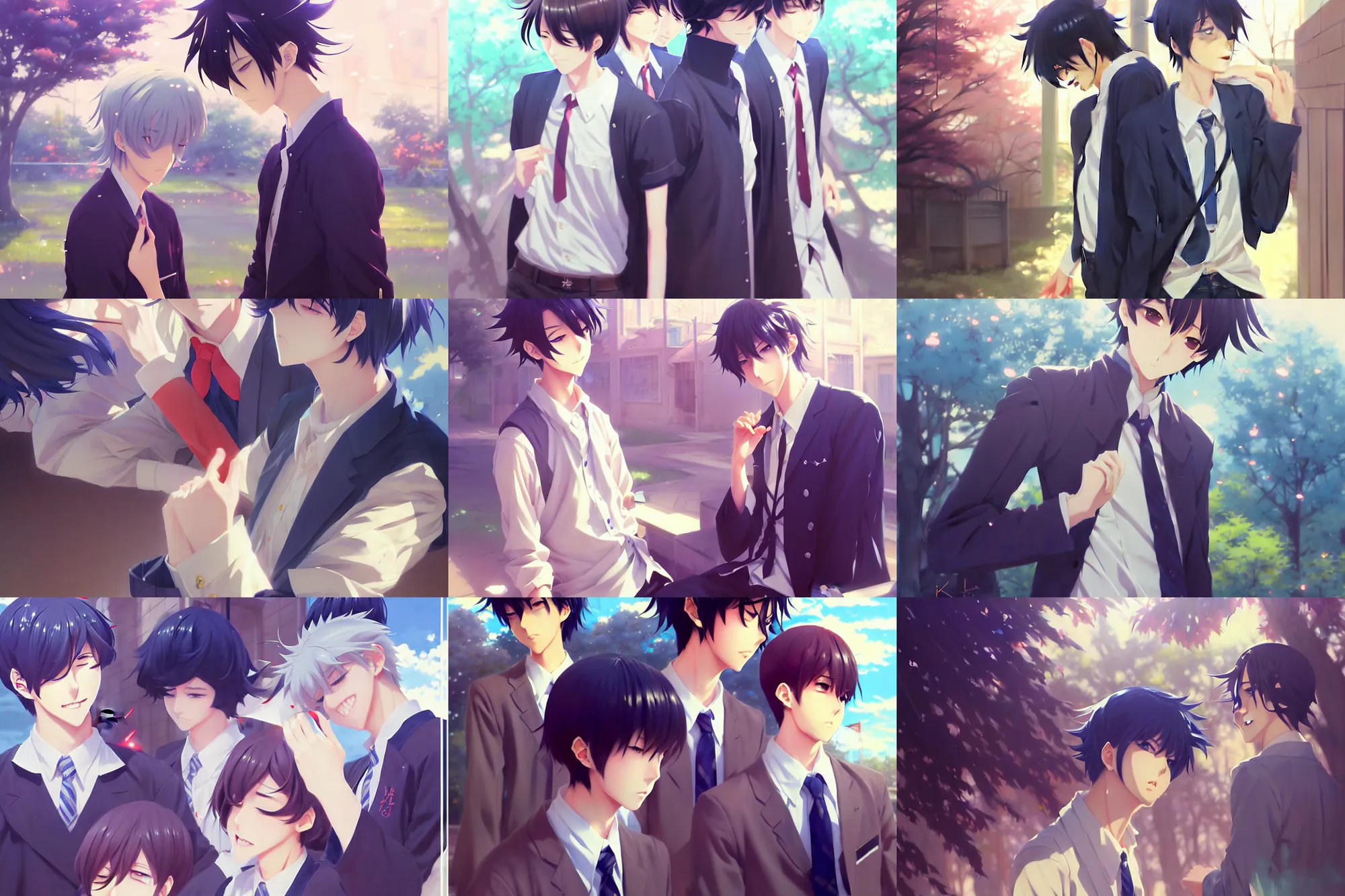 Prompt: boy's love anime high school noon scene, high detail concept art, perfect proportions fine face, tall handsome guys, romantic undertones, avant designer uniform, vivid colors, realistic shaded lighting poster fantasy art kazue kato, katsuhiro, jeremy lipking and michael germash, makoto shinkai, loish and clamp style, best selling artist