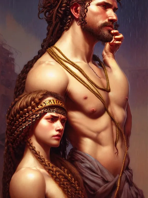 Prompt: samson and delilah, samson has seven braids, coveted, beautiful and aesthetic, intricate, unreal engine, messy hair, highly detailed, detailed face, smooth, sharp focus, chiaroscuro, renaissance illustration, artgerm, greg rutkowski, ilya kuvshinov, rossdraws, alphonse mucha, young adult light novel cover art