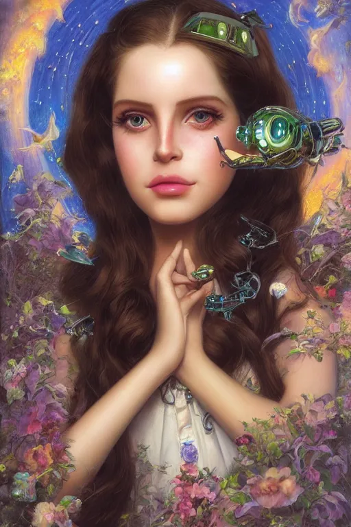 Image similar to cute shiny robot Lana Del Rey look-alike, Lilia Alvarado, Sophie Anderson, Mark Arian, Bob Byerley, Charlie Bowater, Mark Brooks, Steve Henderson, Justin Gerard, Arthur Hughes, Edward Robert Hughes, Mark Keathley, Victor Nizovtsev, Carlos Shwabe, Ross Tran, WLOP