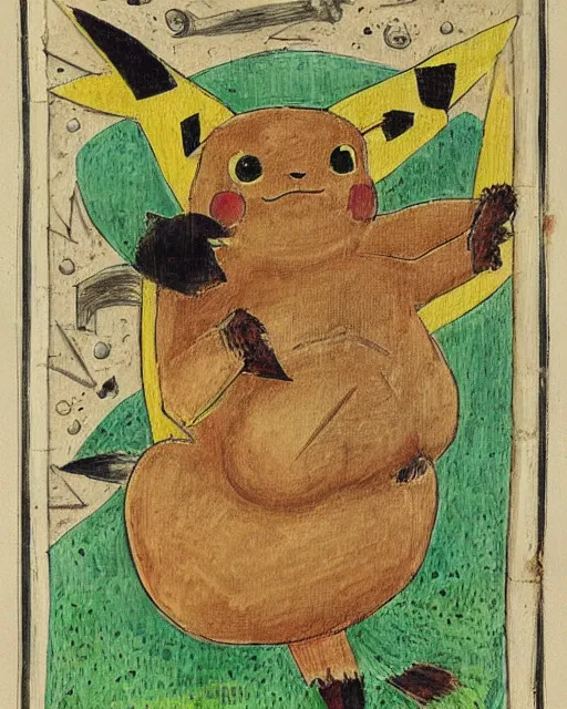 Image similar to a manuscript painting of Pikachu in the style of the Rochester Bestiary, Ashmole Bestiary