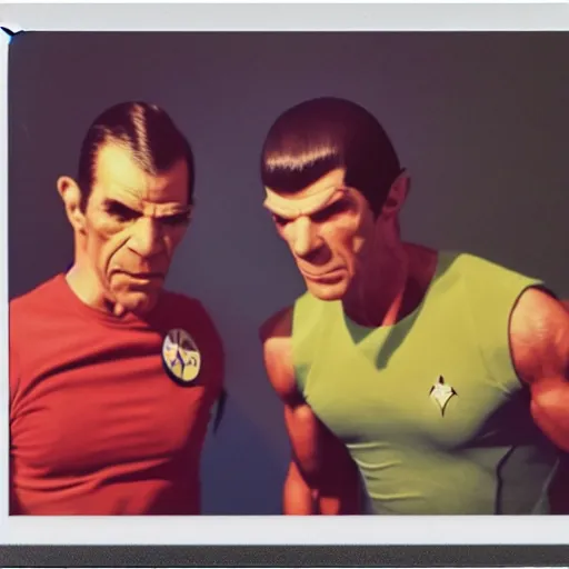 Image similar to a polaroid picture of Dr Emmet Brown and Commander Spock working out in a gym, 4k,