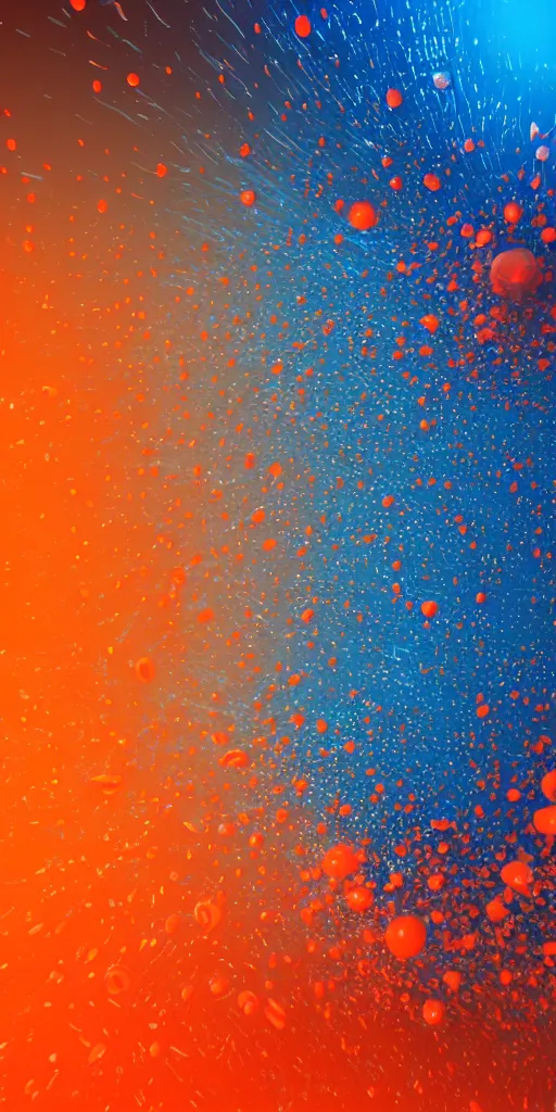 Prompt: orange and blue fluid particle wave from thousands of spheres in a huge modern townhall octane render trending on artstation