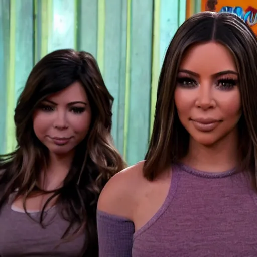 Image similar to Icarly with kim kardashian as Carly, 8k full HD photo, cinematic lighting, anatomically correct, oscar award winning, action filled, correct eye placement,