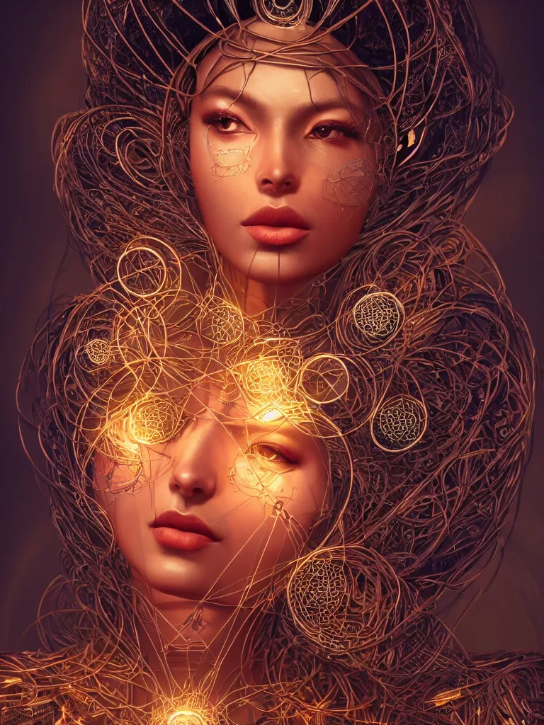 Image similar to a centered render of an alluring mystical tribal goddess adorned with cables and synthesizer parts is surrounded by sacred geometry, full body, gorgeous face, perfect face, powerful, cinematic, beautifully lit, by artgerm, by karol bak, 3 d, trending on artstation, octane render, 8 k