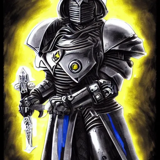 Image similar to a cyberpunk paladin from warhammer 4 0 k in very heavy silver armor wearing a crusaders helmet he is holding a large long sword in a cyberpunk setting, comic book art, cyberpunk, art by stan lee, pen drawing, inked, colorful, bright high tech lights, dark, moody, dramatic, deep shadows, marvel comics, dc comics