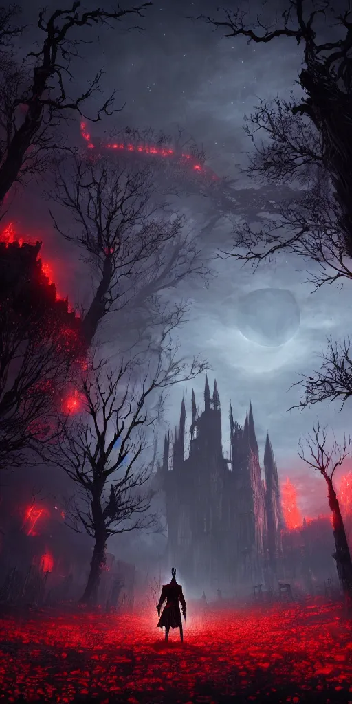 Image similar to abandoned bloodborne old valley with a obscure person at the centre and a ruined gothic city in the background, trees and stars in the background, falling red petals, epic red - orange moonlight, perfect lightning, wallpaper illustration by niko delort and kentaro miura, 8 k, ultra realistic