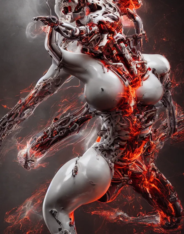 Prompt: positing on rock biomechanical asian goddess full lenght view. super hero pose, burning red wax. woman wearing a helmet. white plastic, human skull, swollen muscles, tumors, veins, baroque elements. intricate drawings. halo. octane rendering, cinematic, hyperrealism, octane rendering, 8k, depth of field, bokeh. iridescent accents. vibrant. teal gold and red color scheme