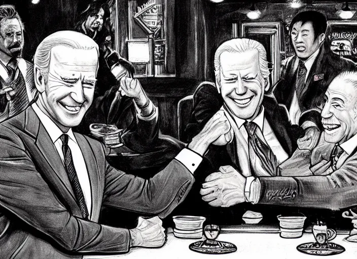 Image similar to joe biden arm wrestling in a bar in china illustration by mike ploog